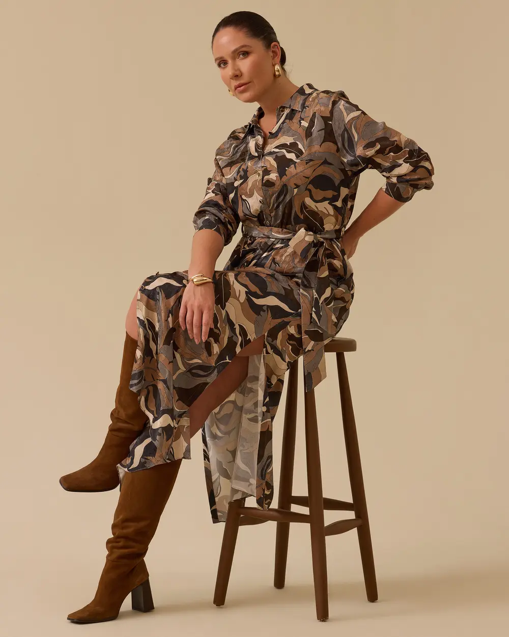 Büyük Beden Desenli Kuşaklı Jakar Elbise