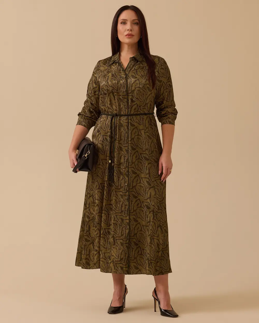 Büyük Beden Kuşaklı Desenli Elbise