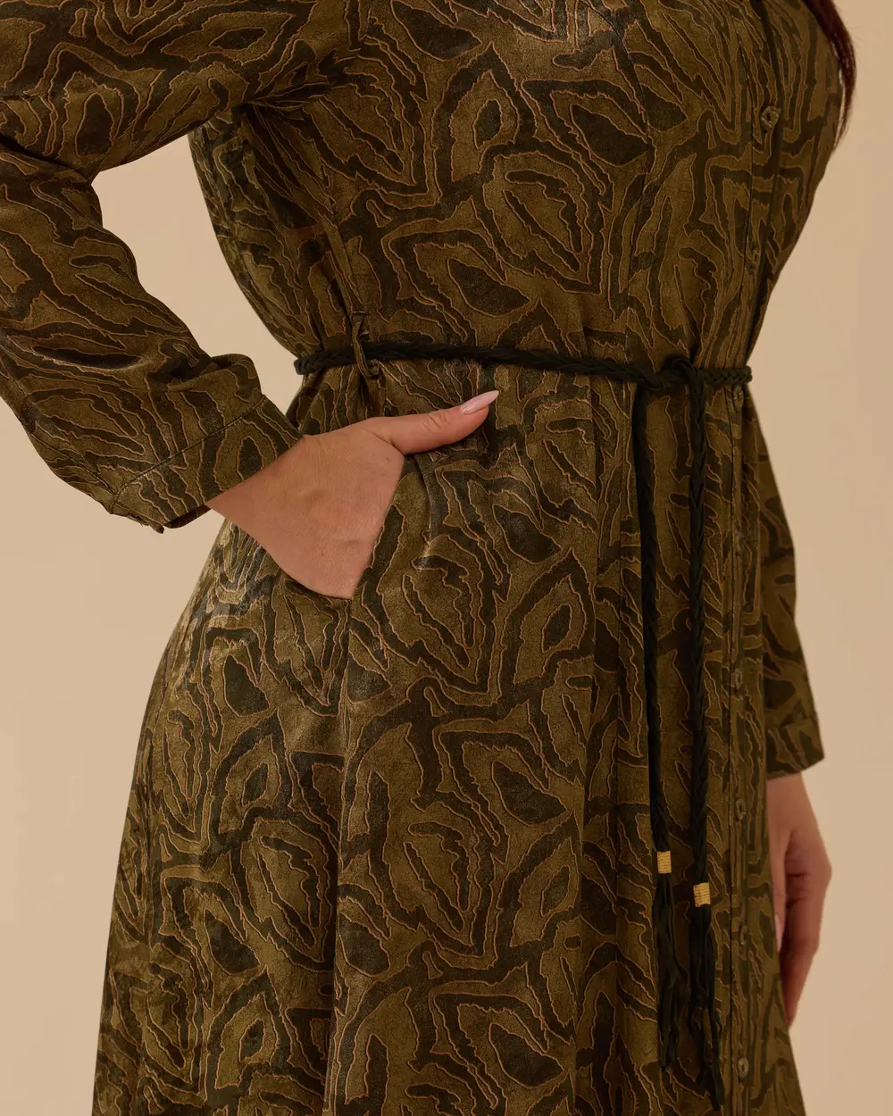 Büyük Beden Kuşaklı Desenli Elbise