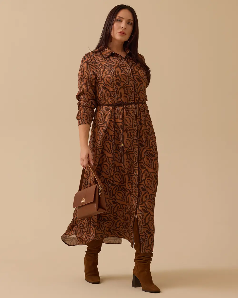 Büyük Beden Kuşaklı Desenli Elbise