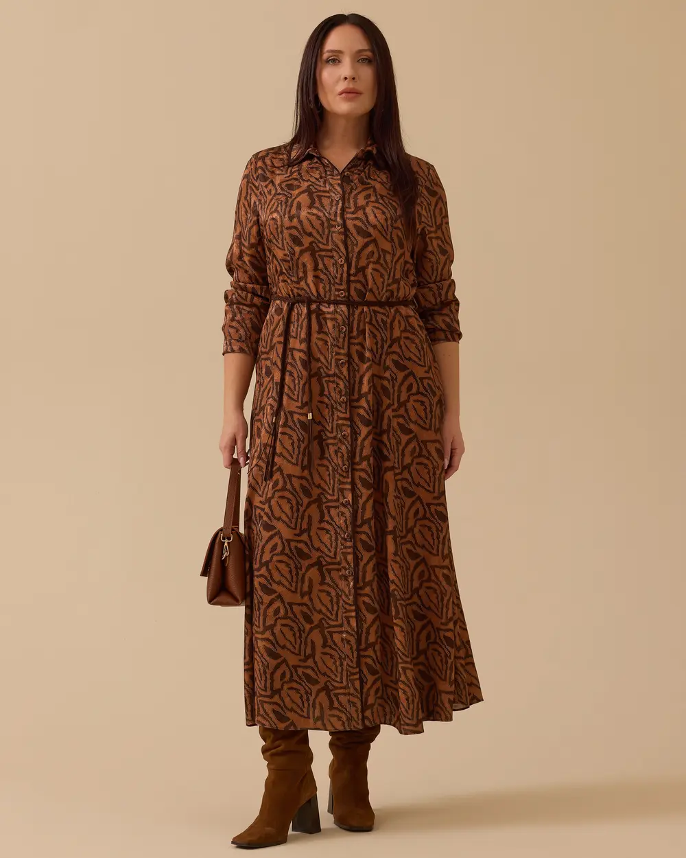 Büyük Beden Kuşaklı Desenli Elbise