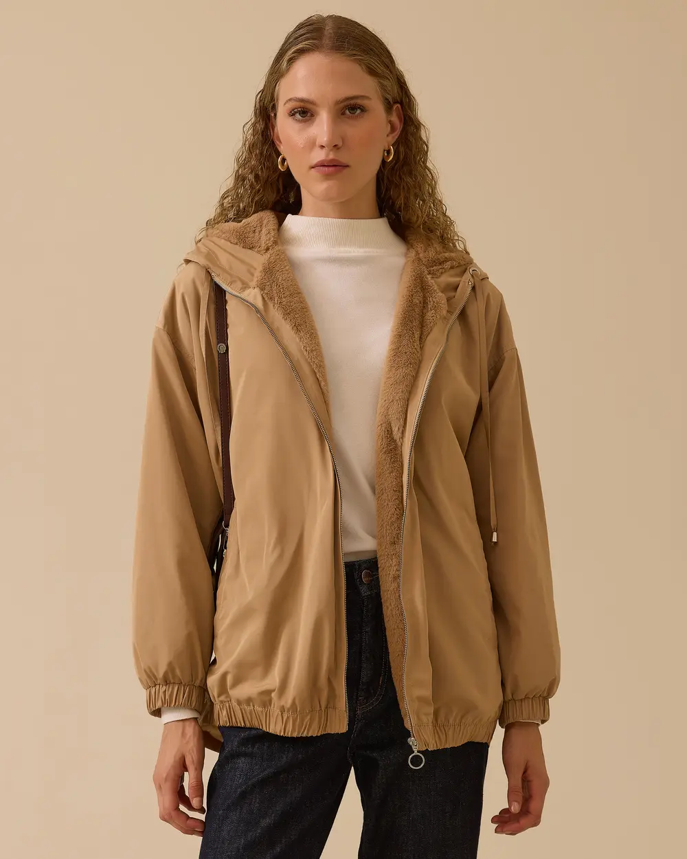 İçi Tüylü Kapüşonlu Cepli Anorak