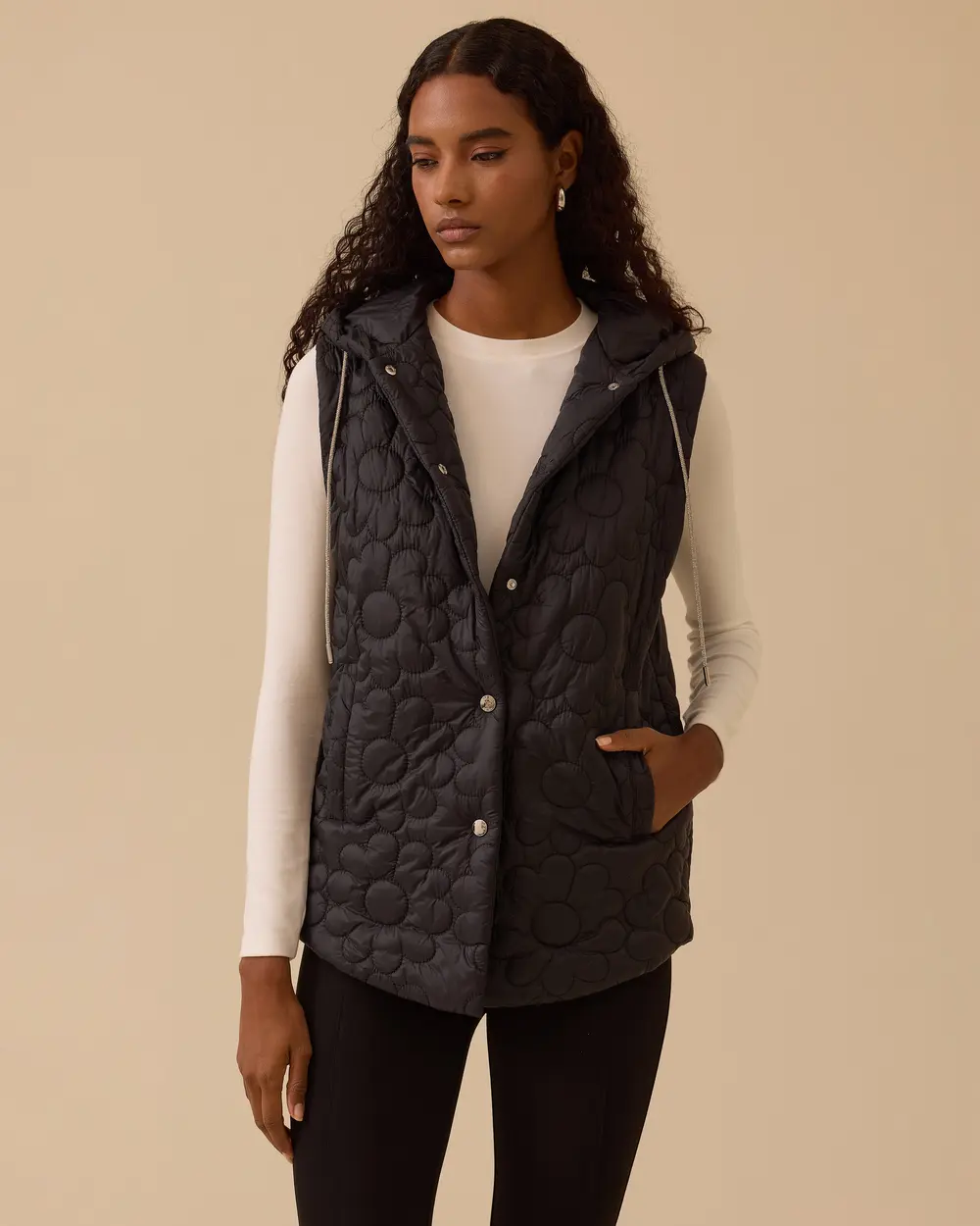 Kapüşonlu Desenli Cepli Yelek