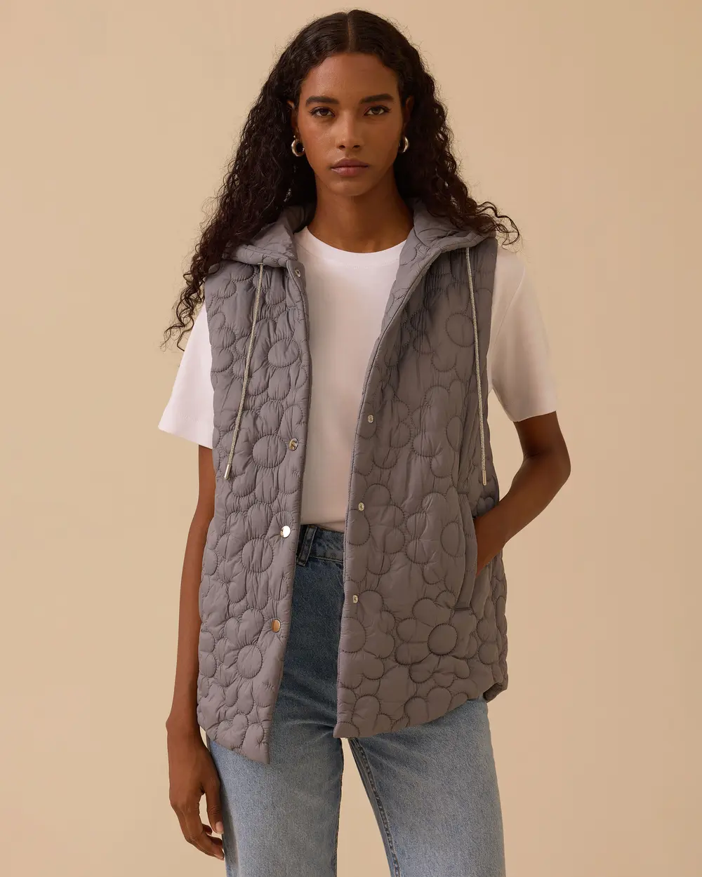 Kapüşonlu Desenli Cepli Yelek