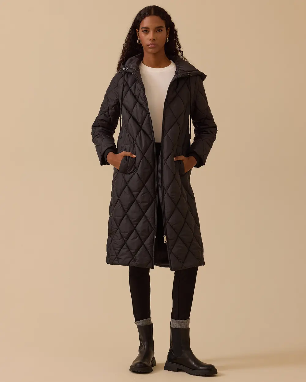 Kapüşonlu Uzun Kapitone Anorak Kaban