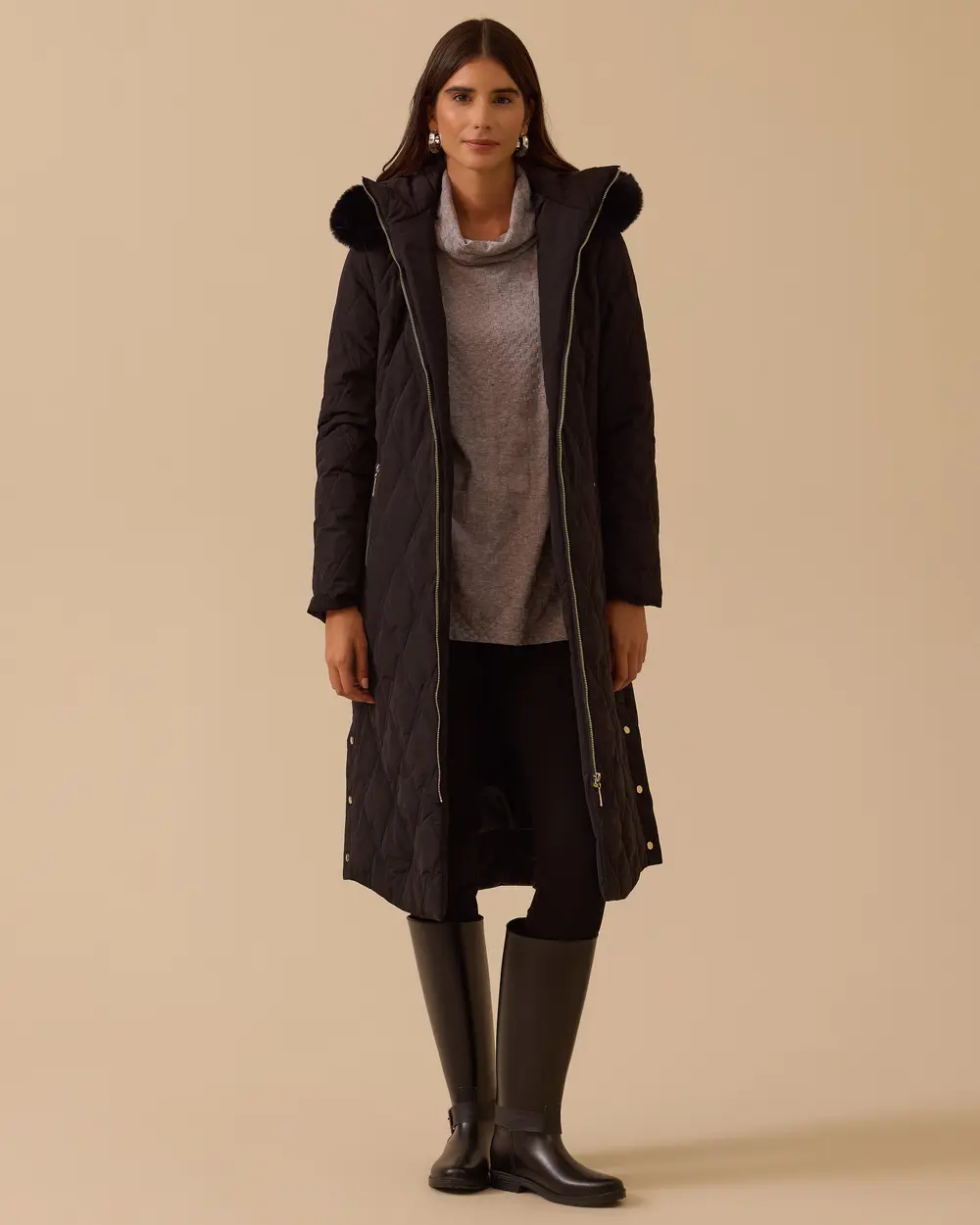 Fermuarlı Kapitone Uzun Anorak Kaban