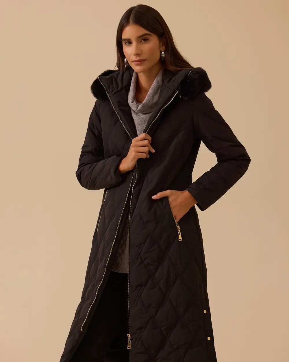 Fermuarlı Kapitone Uzun Anorak Kaban