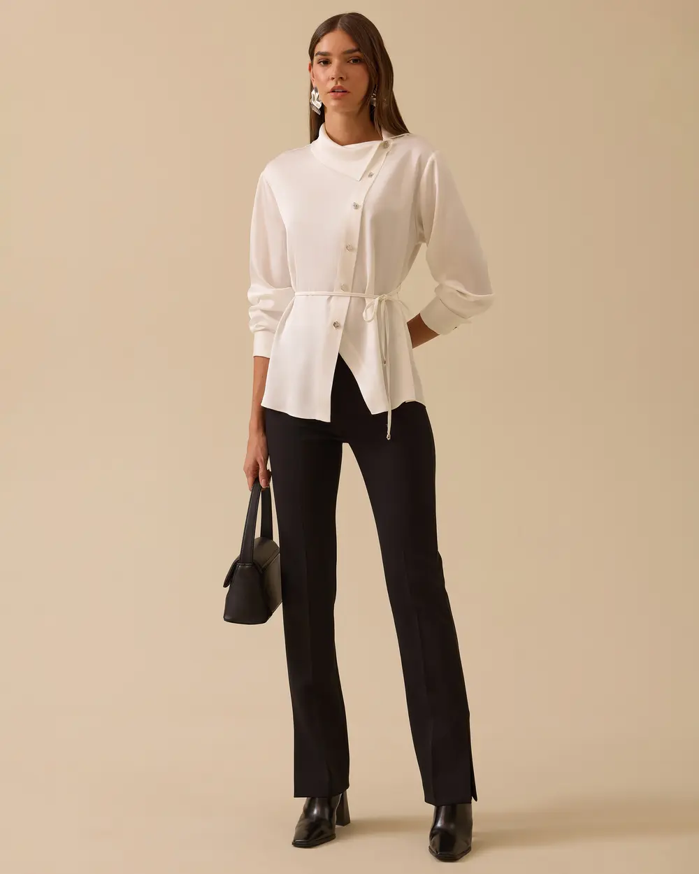 Asymmetric Buttoned Belted Shirt