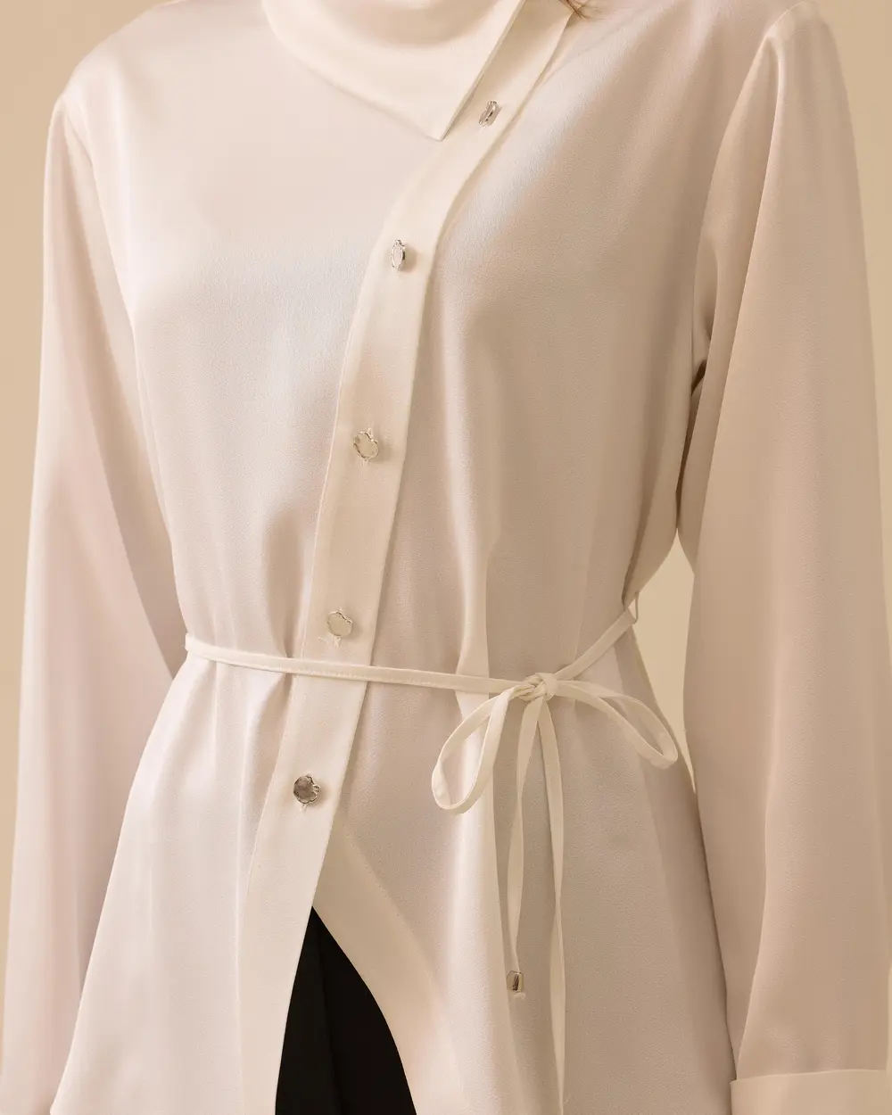 Asymmetric Buttoned Belted Shirt