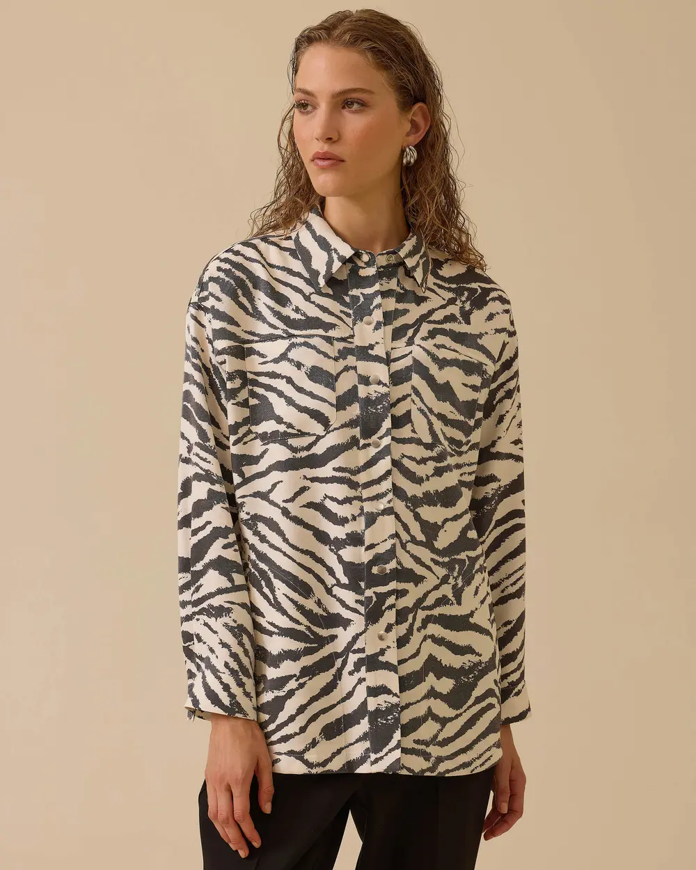 Zebra Patterned Pocket Detailed Shirt