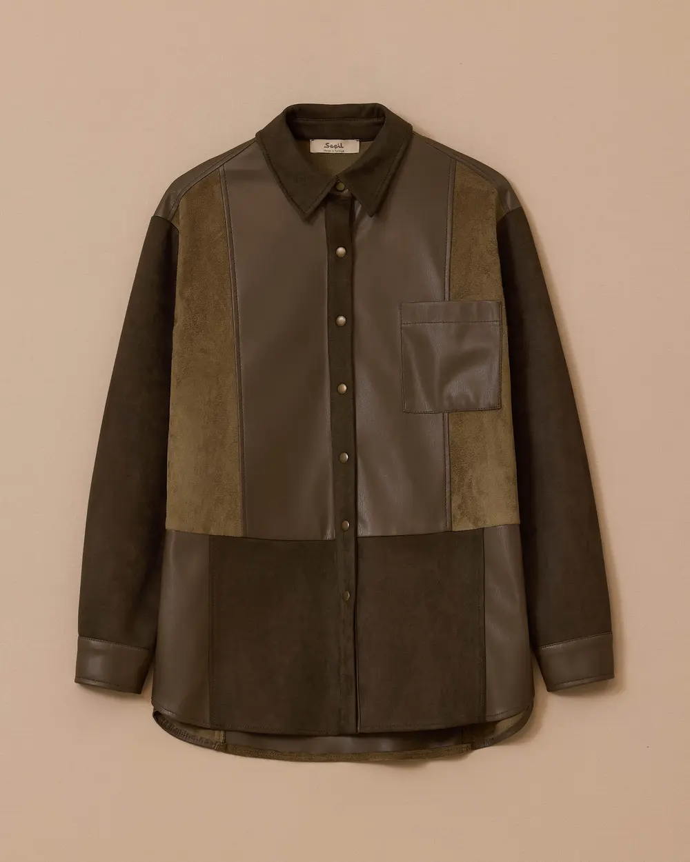 Çift Kumaşlı Suni Deri Detaylı Süet Gömlek