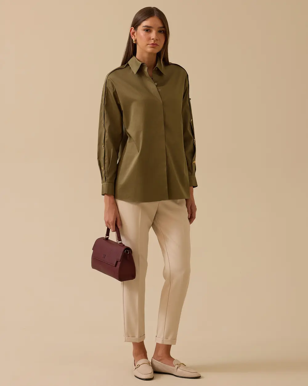 Gold Button Detailed Straight Cut Shirt