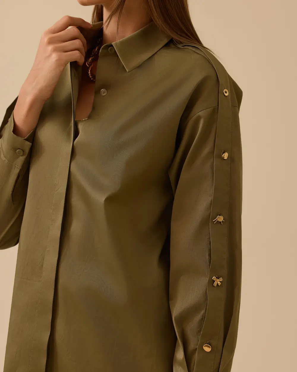 Gold Button Detailed Straight Cut Shirt