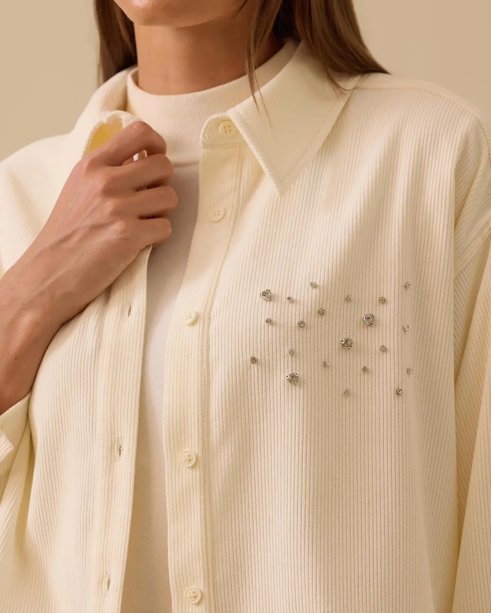 Taş Detaylı Kadife Gömlek