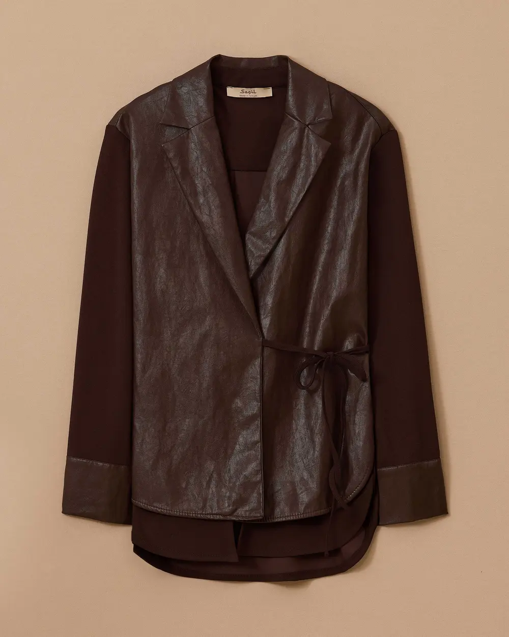 Double-breasted Shirt with Tie-on Faux Leather Detail