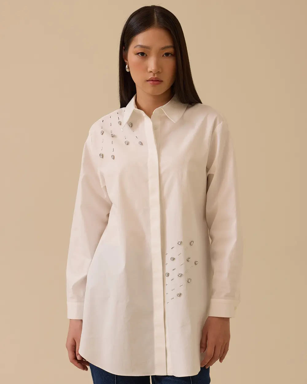 Asimetrik Taş Detaylı Gömlek