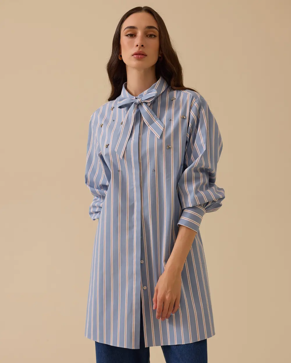 Stone Detailed Striped Shirt with Scarf Collar
