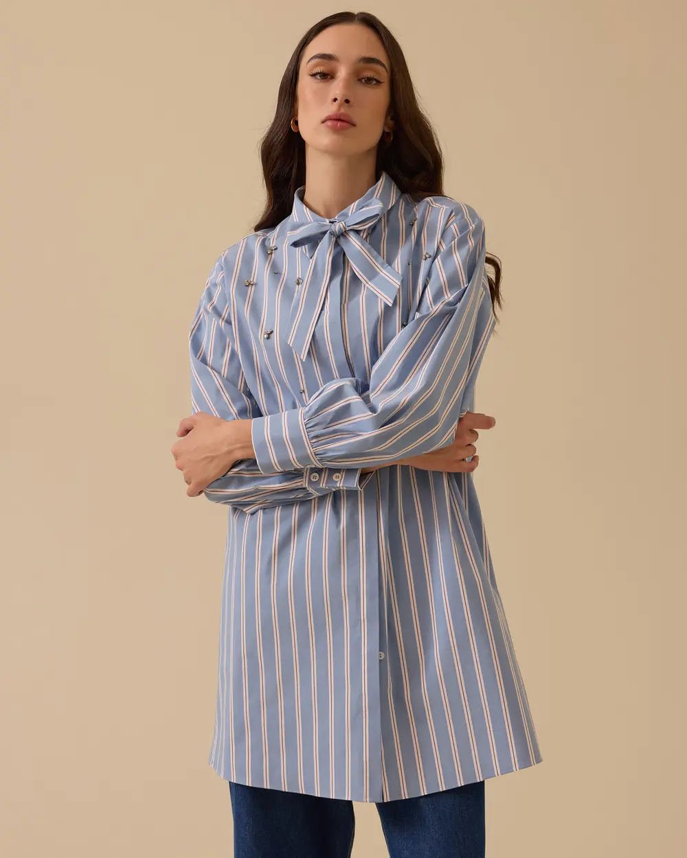 Stone Detailed Striped Shirt with Scarf Collar