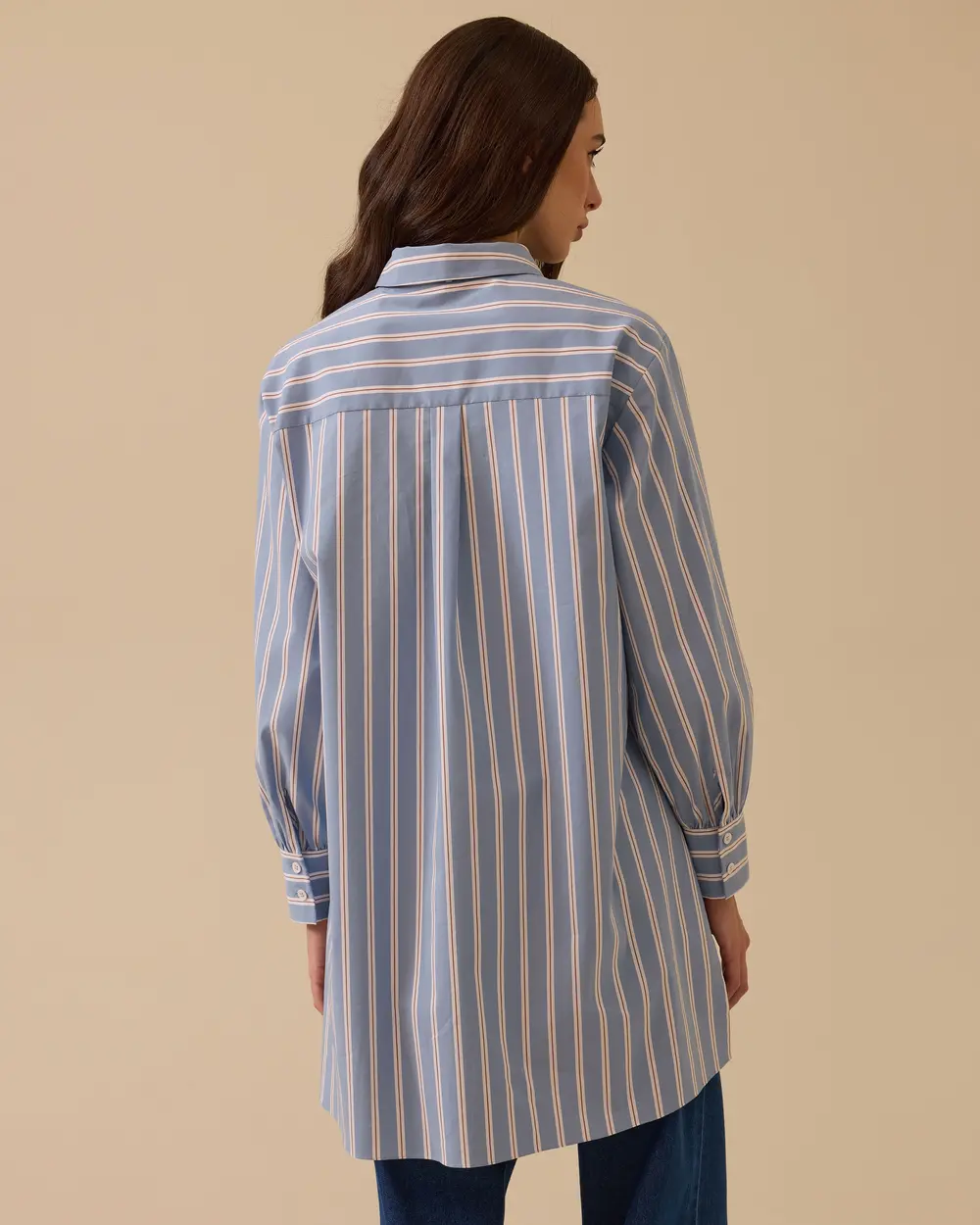 Stone Detailed Striped Shirt with Scarf Collar