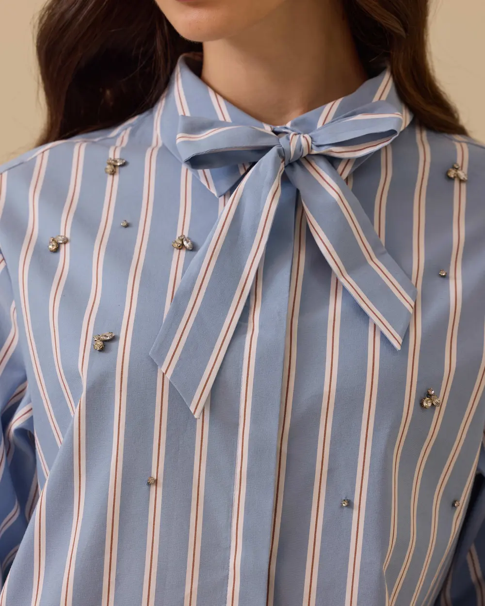 Stone Detailed Striped Shirt with Scarf Collar