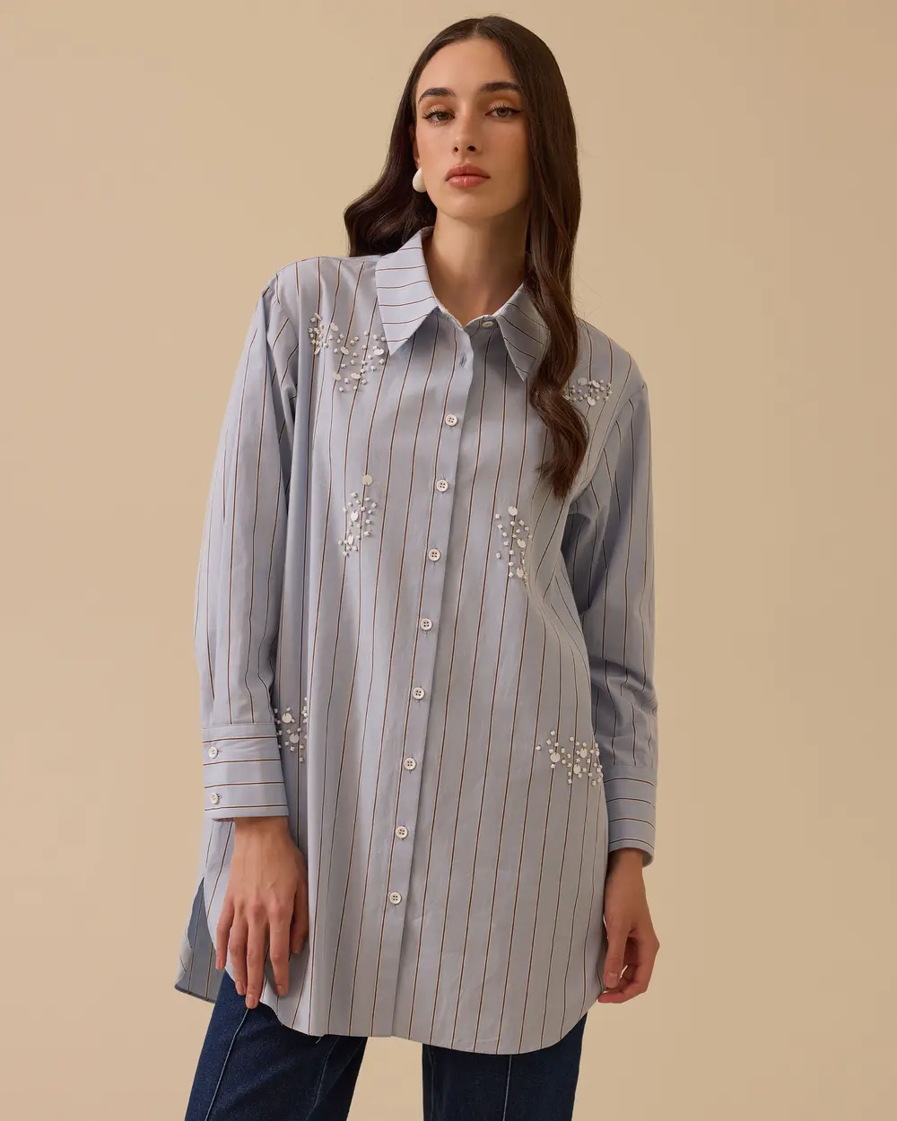 Çizgili Boncuk Detaylı Gömlek