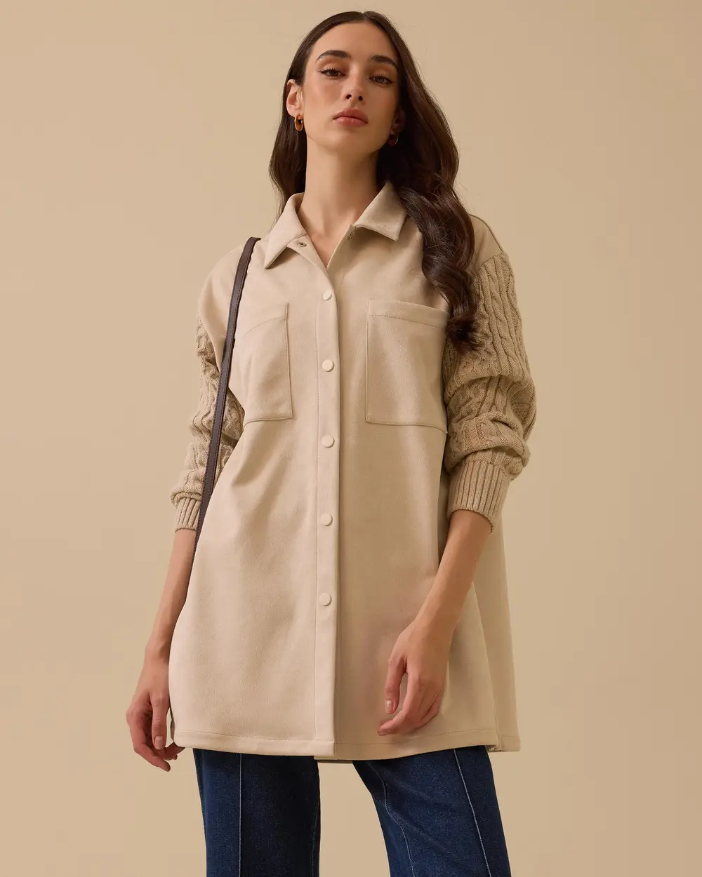 Triko Kollu Çift Cepli Süet Gömlek