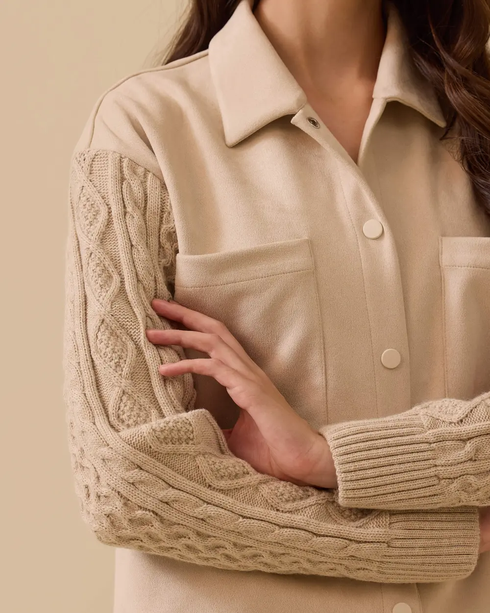 Triko Kollu Çift Cepli Süet Gömlek