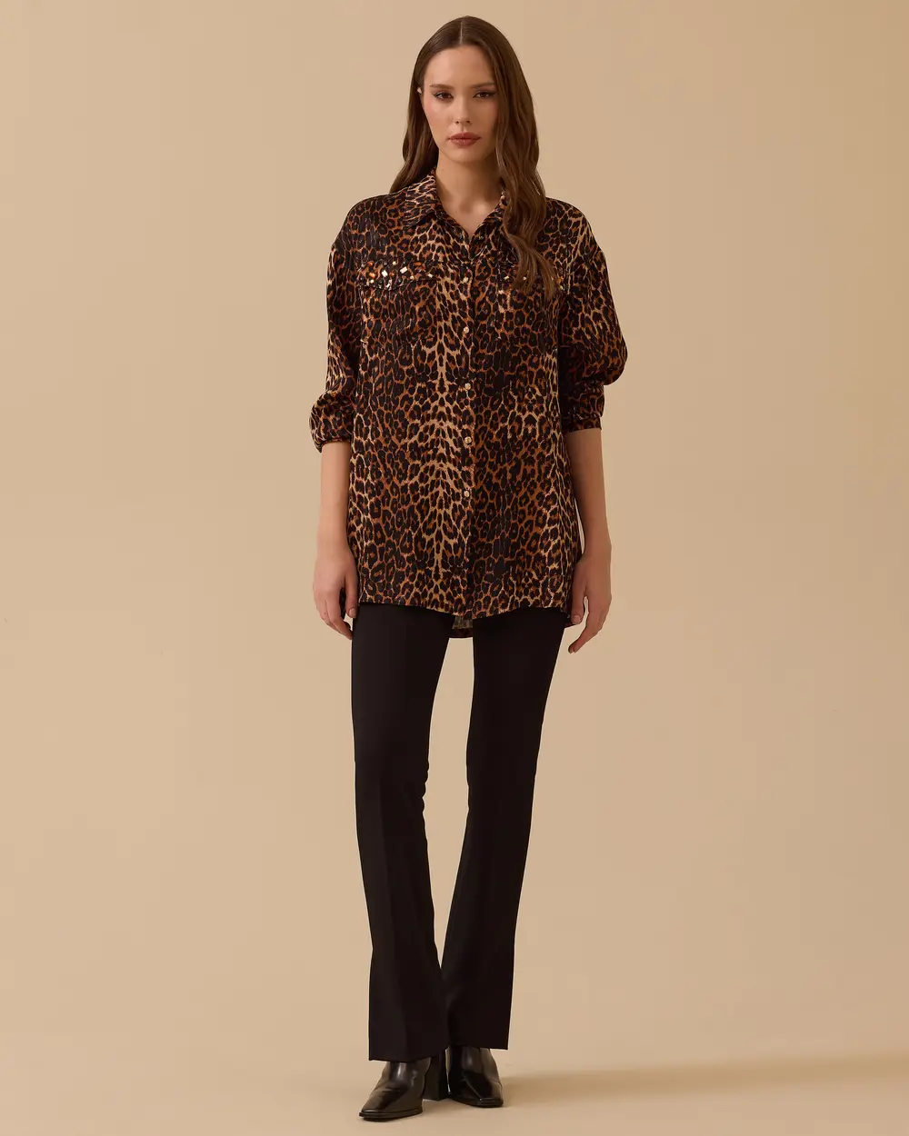 Satin Leopard Shirt with Stone Detail