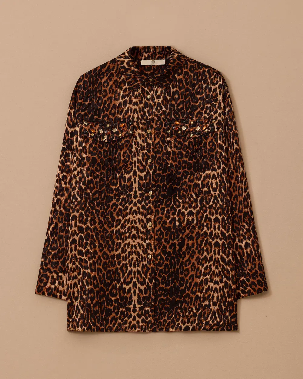 Taş Detaylı Saten Leopar Gömlek