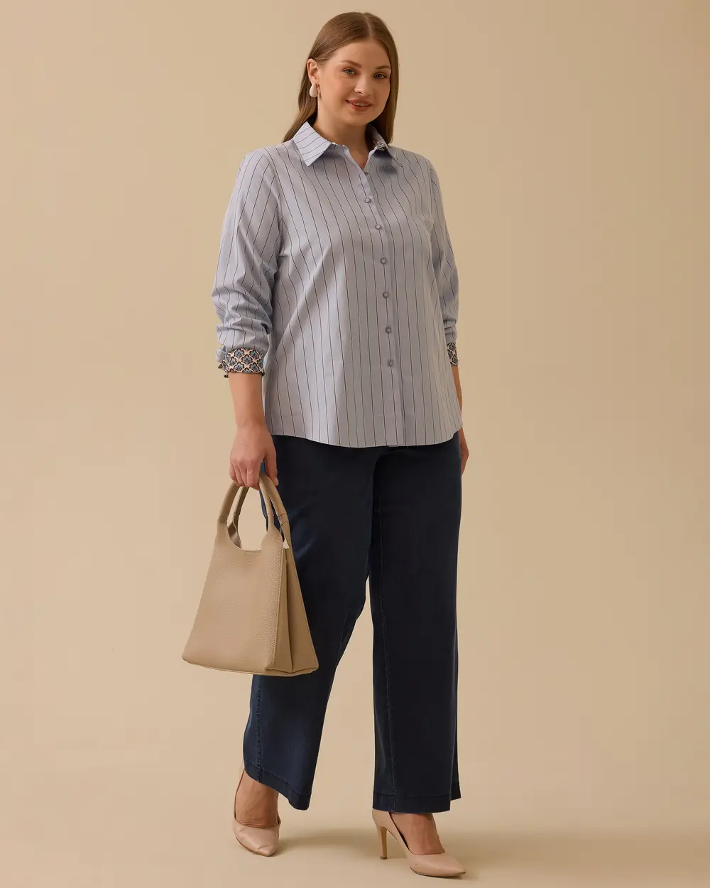Plus Size Striped Cuff Detailed Shirt