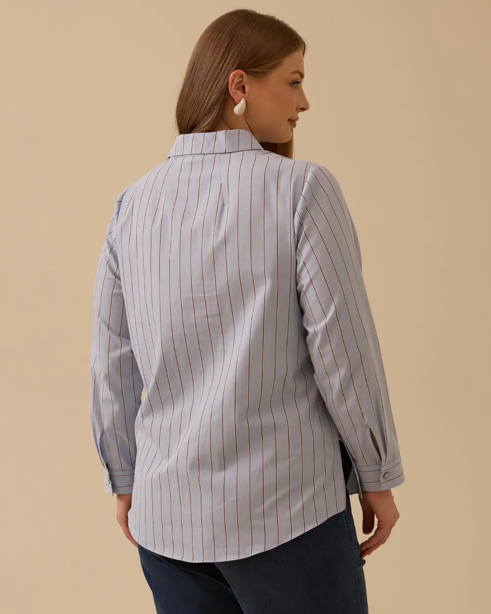 Plus Size Striped Cuff Detailed Shirt