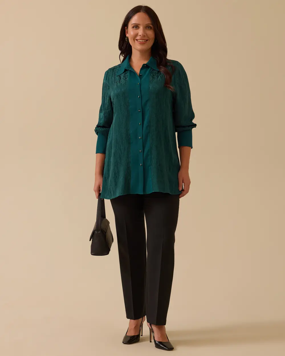 Plus Size Buttoned Jacquard Satin Shirt