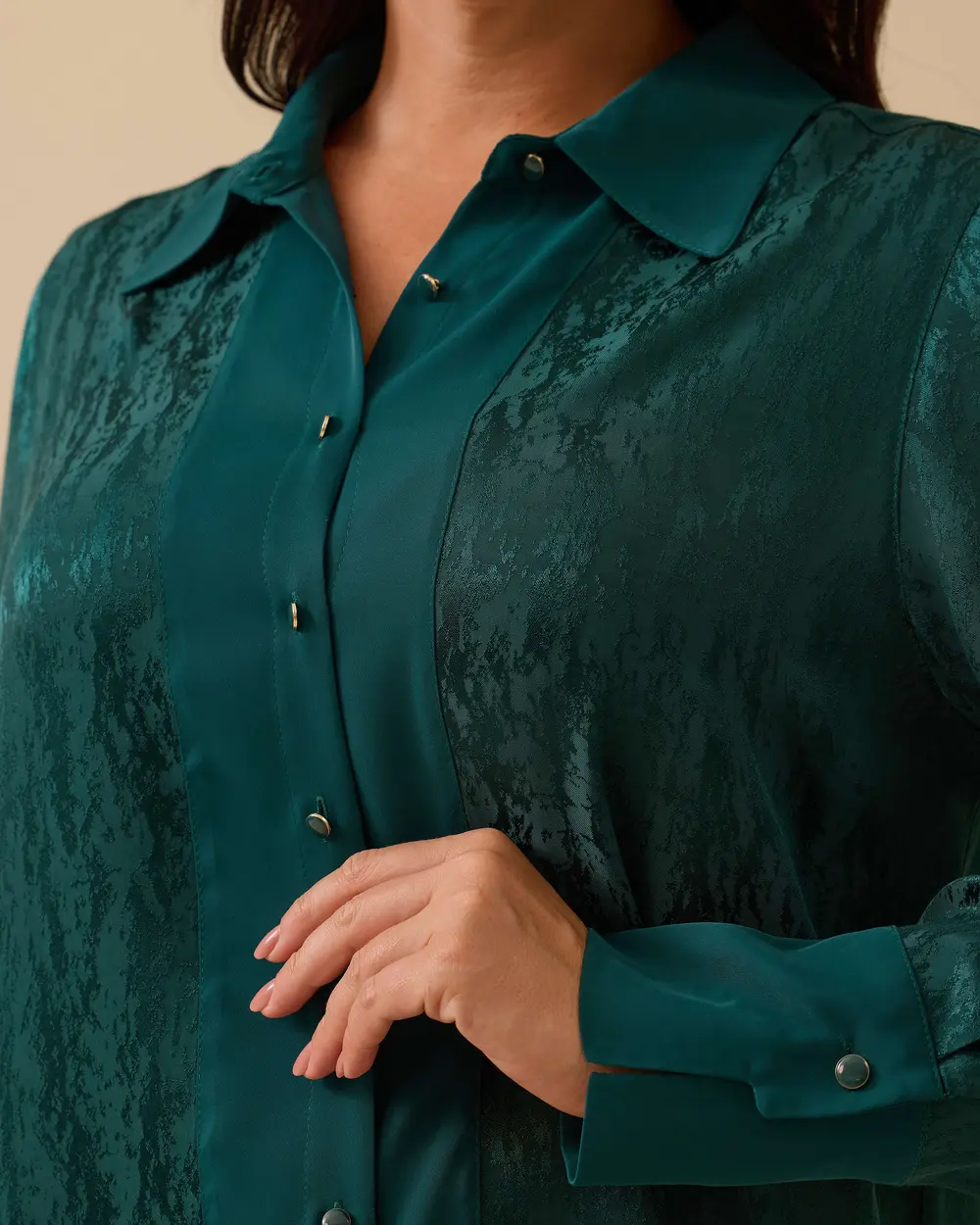 Plus Size Buttoned Jacquard Satin Shirt