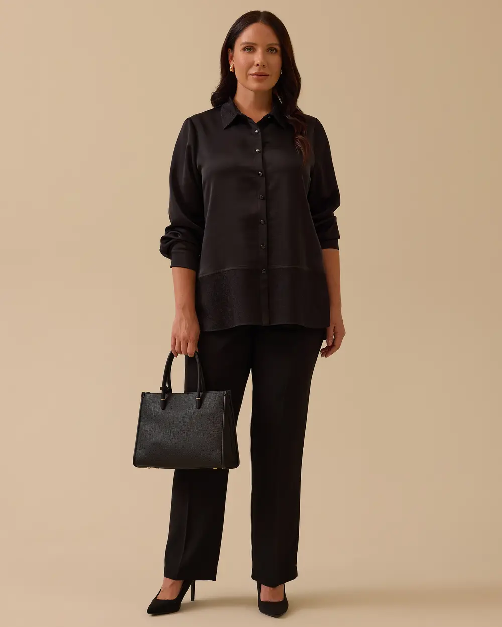 Plus Size Satin Garnished Buttoned Shirt