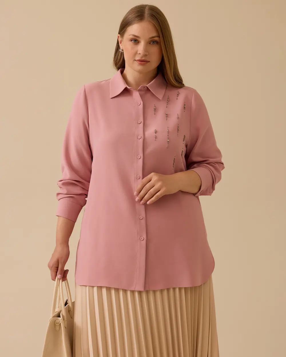 Büyük Beden Taş Detaylı Gömlek