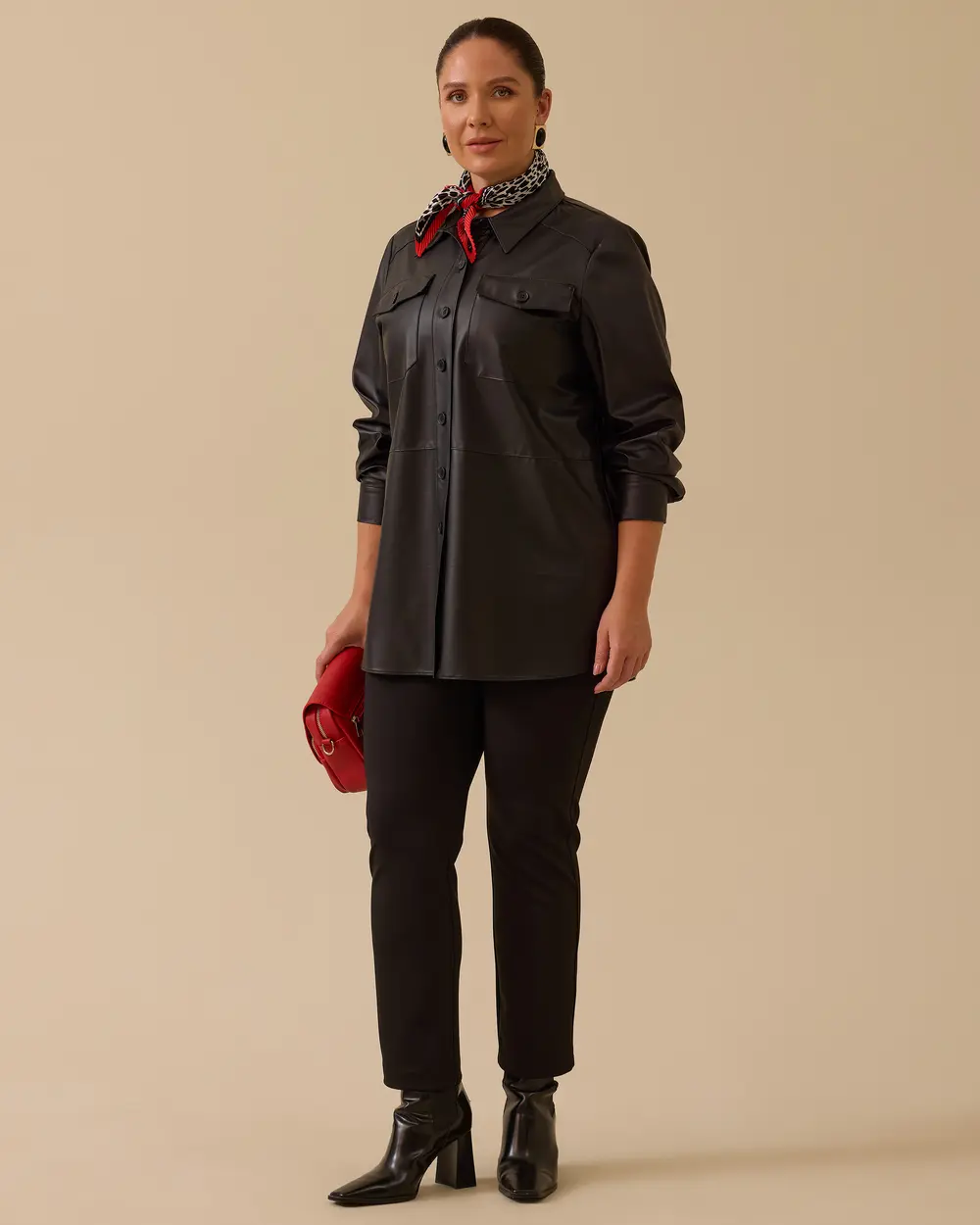 Plus Size Buttoned Faux Leather Shirt