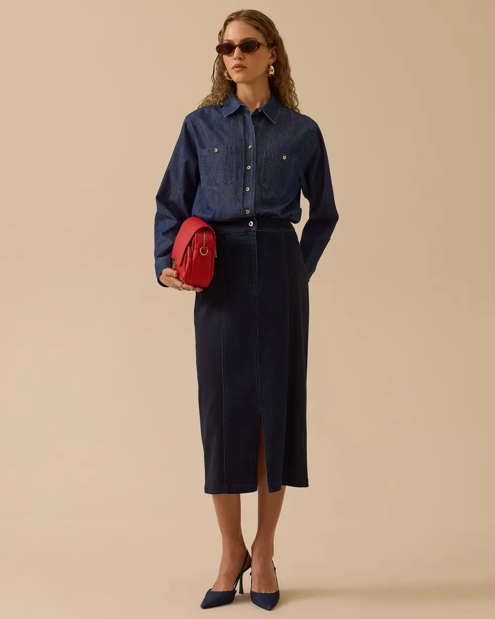 Çift Kumaşlı Yırtmaç Detaylı Jean Etek