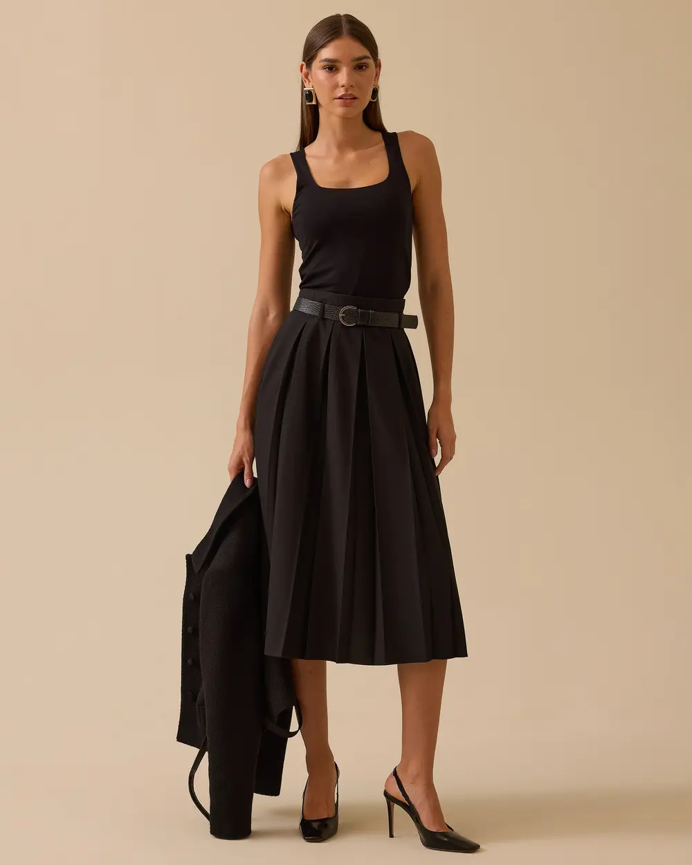 Kemerli Pile Detaylı Midi Etek