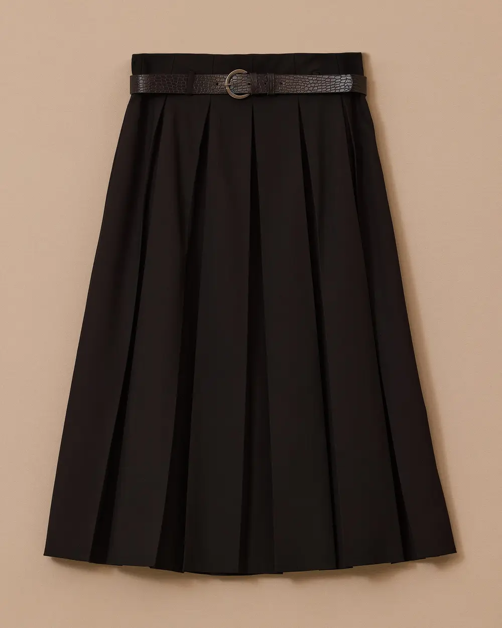 Kemerli Pile Detaylı Midi Etek