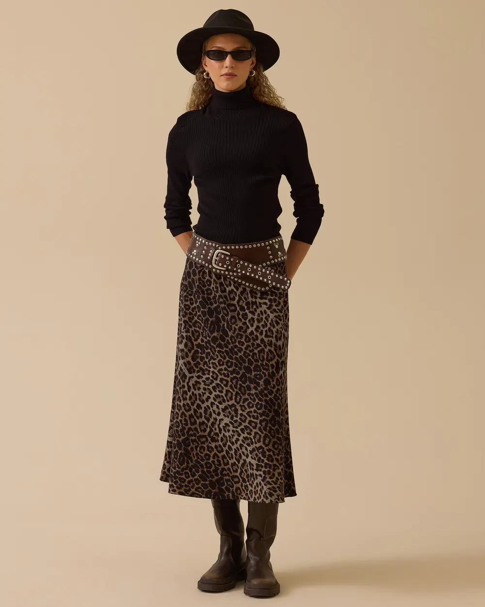 Leopar Desenli Düz Kesim Midi Etek