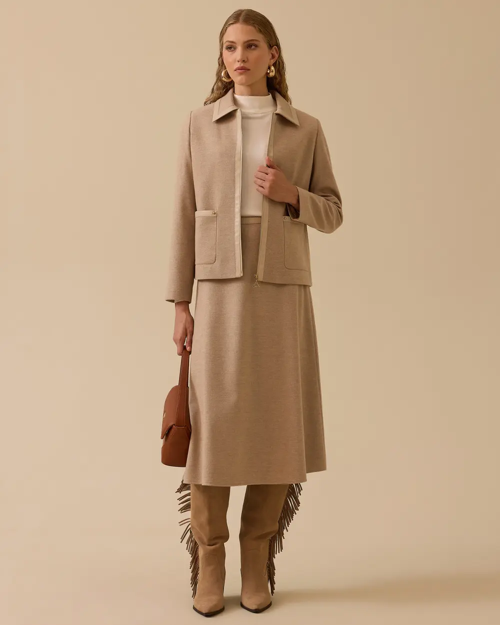 Suni Deri Biyeli Midi Etek