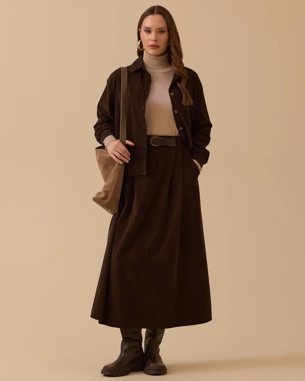 Velvet Skirt with Double Pleated Pockets