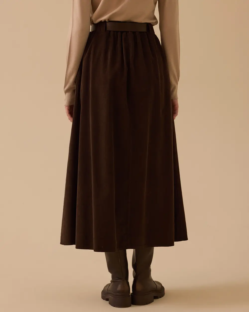 Çift Pileli Cepli Kadife Etek