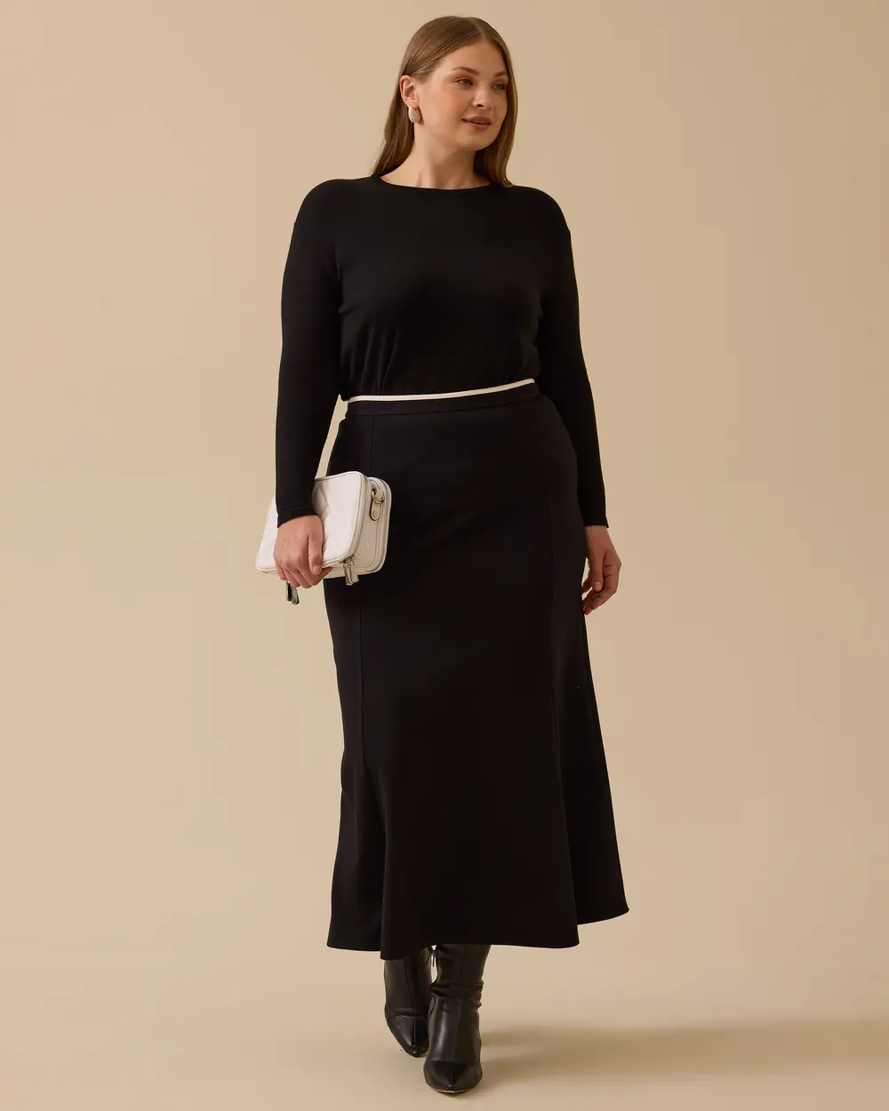 Büyük Beden Beli Biye Detaylı Midi Etek