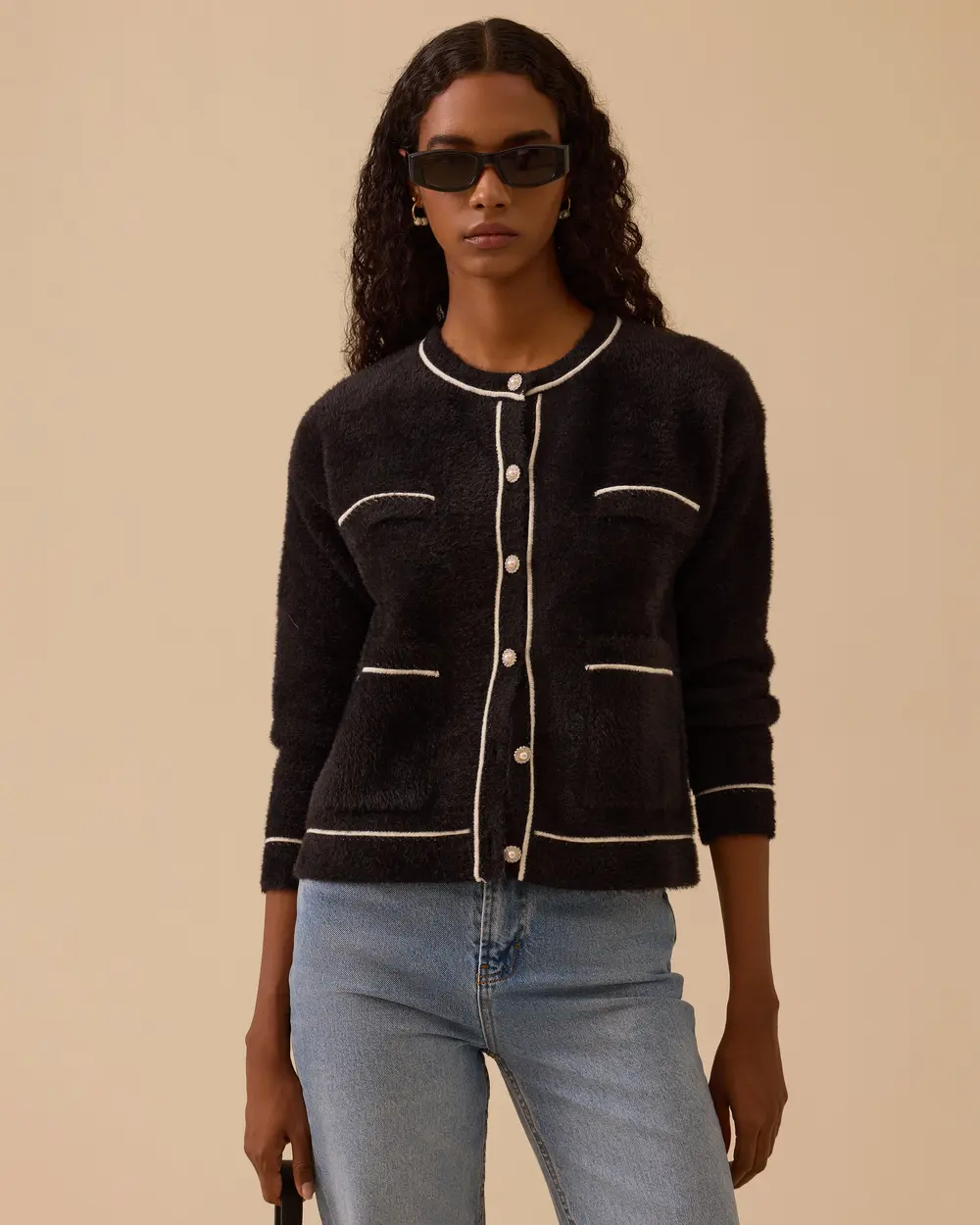 Düğmeli Biye Detaylı Triko Hırka