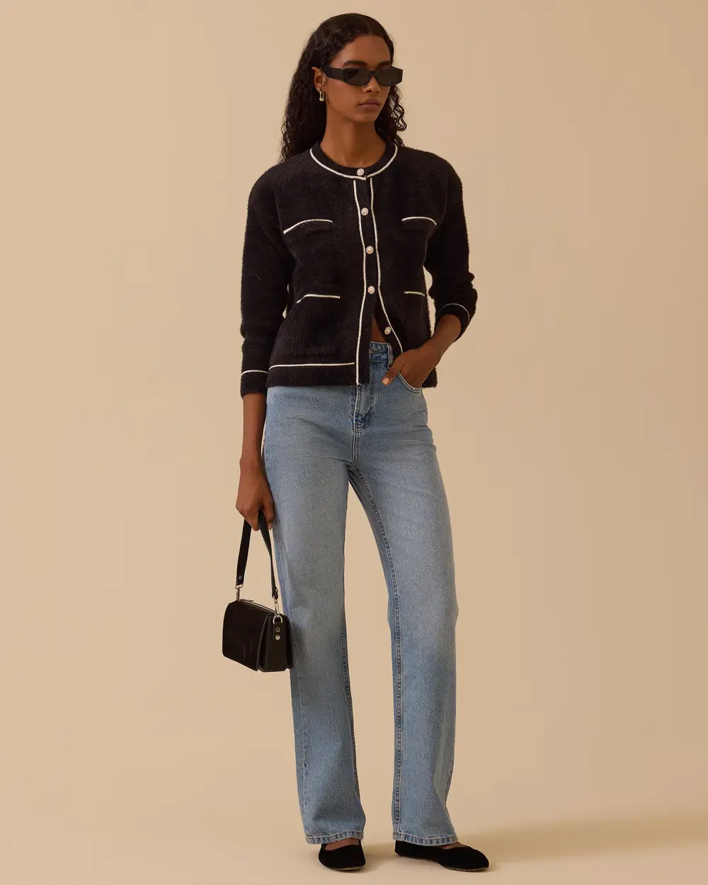 Düğmeli Biye Detaylı Triko Hırka