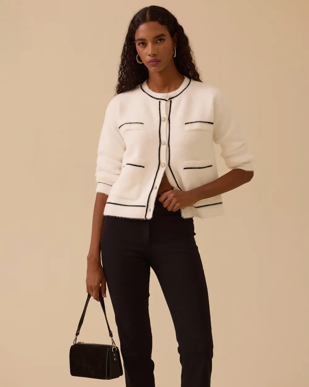 Düğmeli Biye Detaylı Triko Hırka