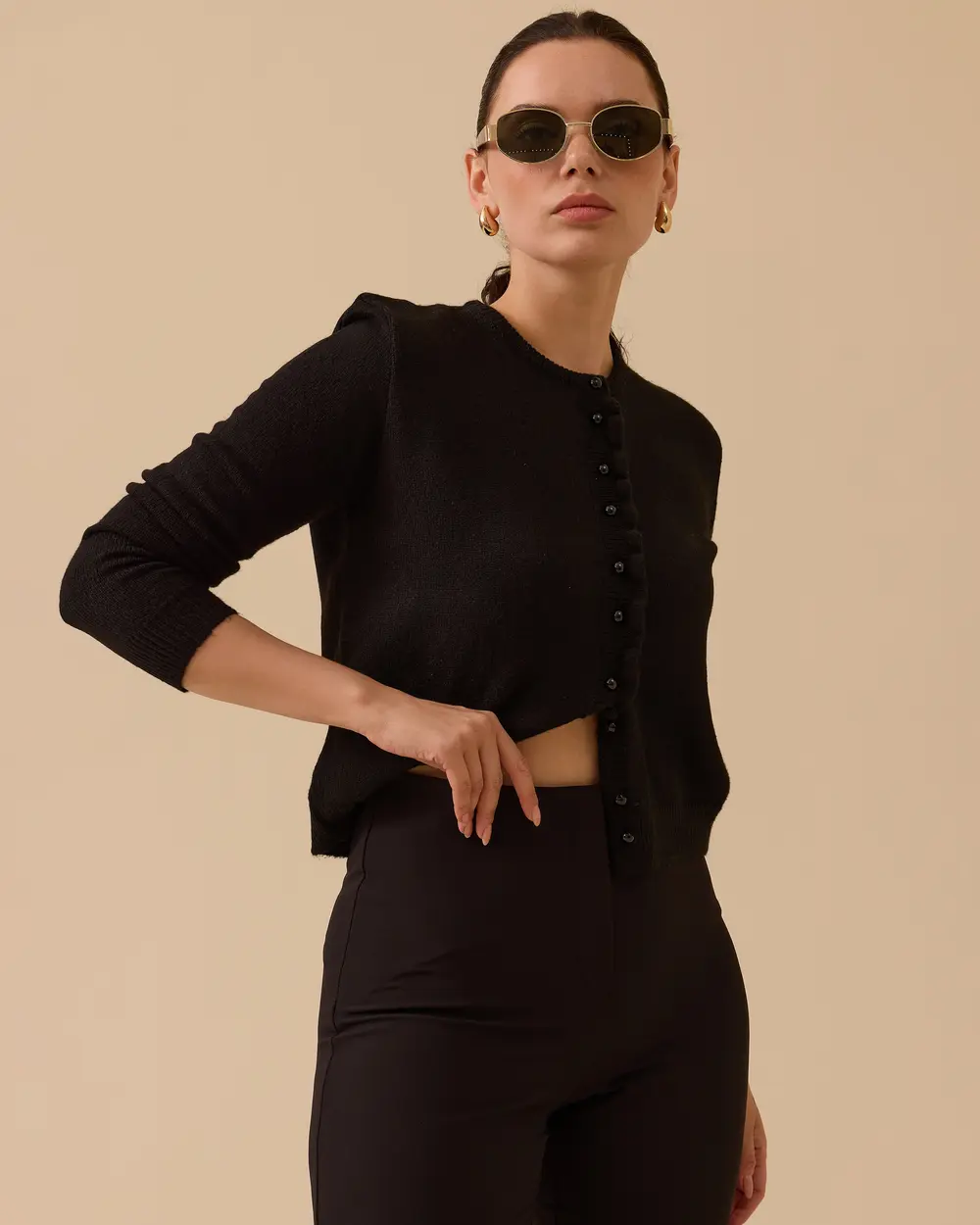 Düğmeli Bel Boy Triko Hırka