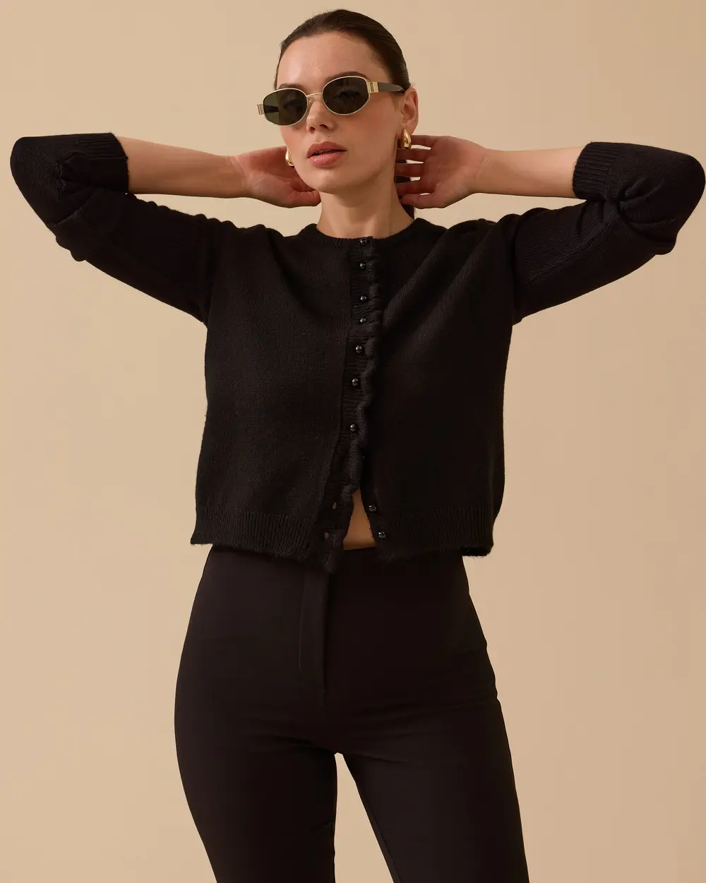 Düğmeli Bel Boy Triko Hırka