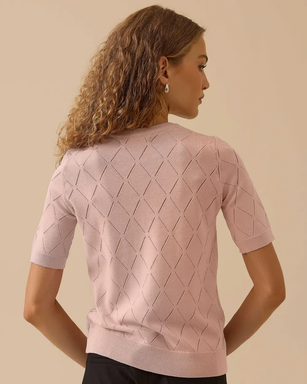 Patterned Short Sleeve Sweater Blouse